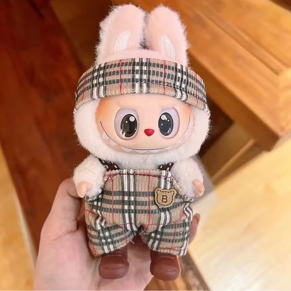 Burb Plaid brown and black with Overalls and headband DOLL NOT INCLUDE.